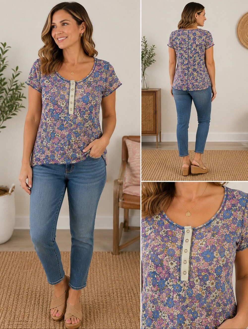 Natural Life Floral Thermal Knit Henley Top Size Large Boho Cottagecore A-171